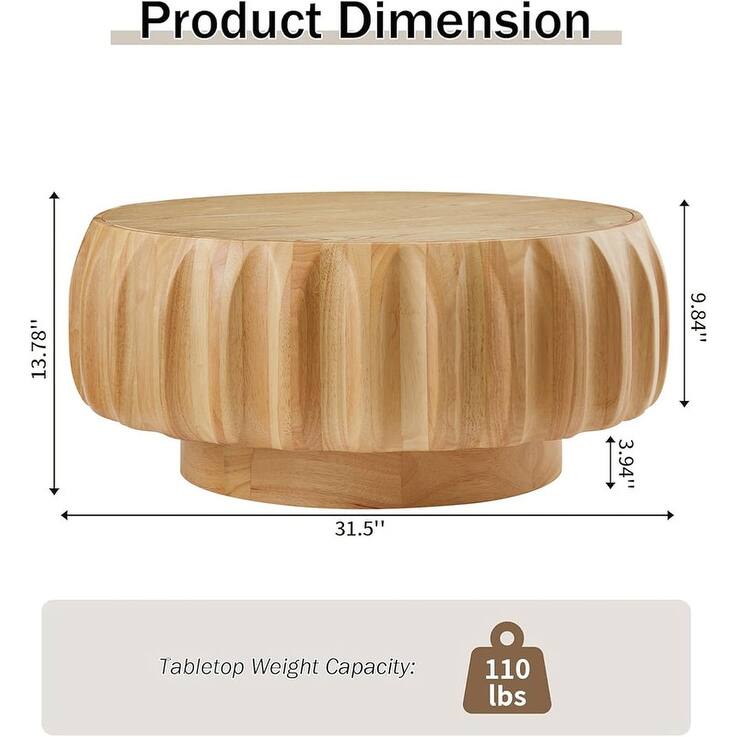Round Coffee Table, Drum Coffee Table Contemporary Wood Round Coffee Table with Fluted Centry Table