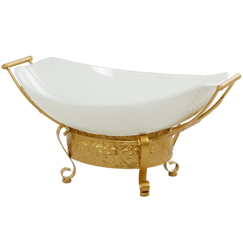 CosmoLiving by Cosmopolitan Glass Kitchen Serving Bowl with Gold or Brown Metal Stand and Ring Feet - Clear or White