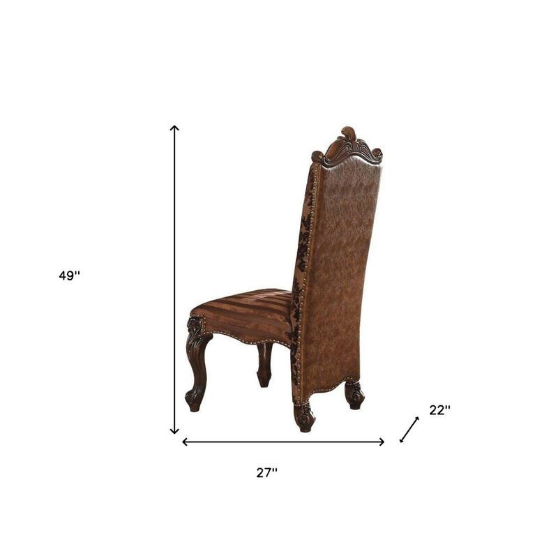 Set of 2 Brown Faux Leather Dining Chairs with Queen Anne Back and Nail head Trim Solid Wood Legs - 49”H x 27”W x 22”D