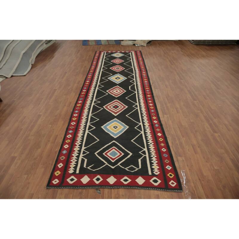 Hand Woven Oriental 100% Wool Carpet Southwestern Tribal Black Kilim Runner Rug - 17' 7'' X 5' 0''