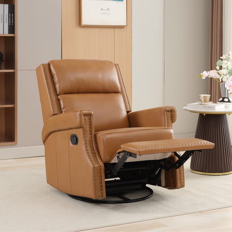 Genuine Leather Manual Rocking Recliner with 360-degree Metal Swivel Base