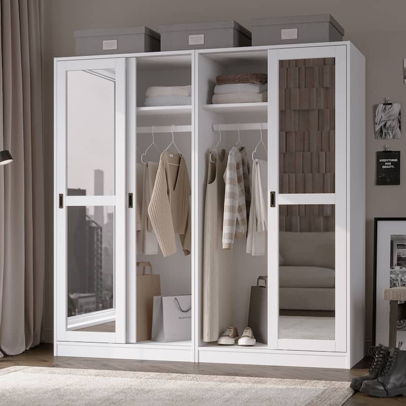 Palace Imports 100% Solid Wood Wall Closet System of Wardrobe Armoires with Mirrored, Louvered or Raised Panel Sliding Doors