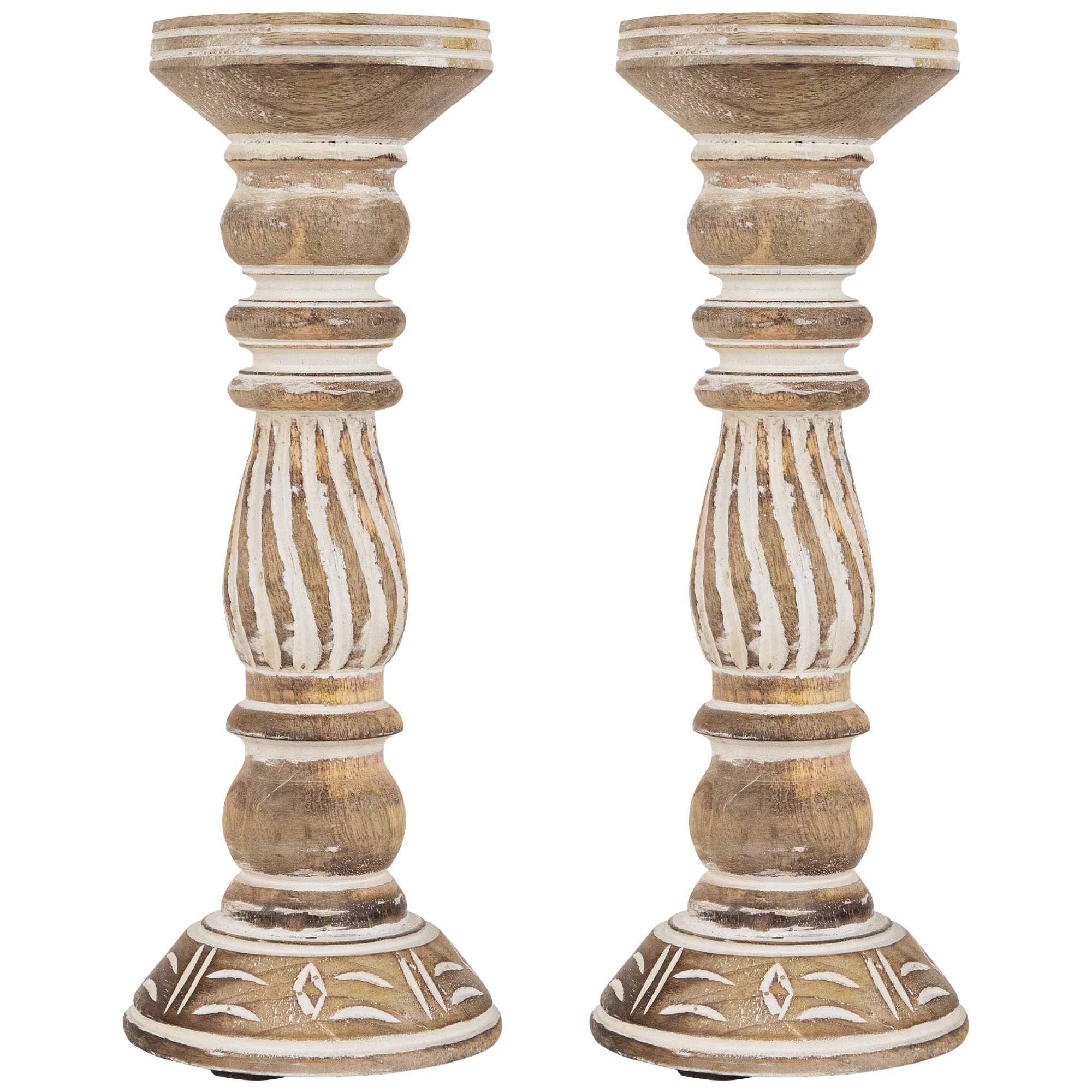 Set of 2 Brown Etched Antique Style Pillar Candle Holders 12"