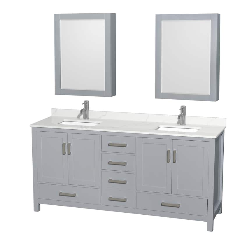 Sheffield 72-inch Double Vanity, Single Hole Quartz Top, Med Cabinets - Gray, Chrome Trim, Giotto Quartz Top