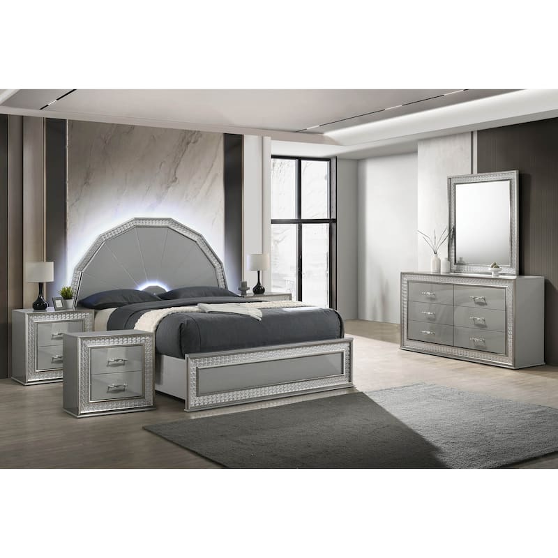 Furniture of America Rosdale Glam 5-Piece Metallic Grey Wood 7-Sided LED Headboard Platform Bedroom Set with Rectangular Mirror - King