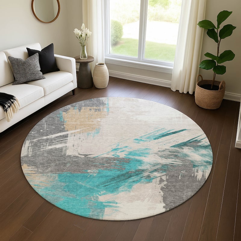 Premium Washable Super Soft Modern Brushstrokes Mayfield Rug - Teal - 8' x 8'