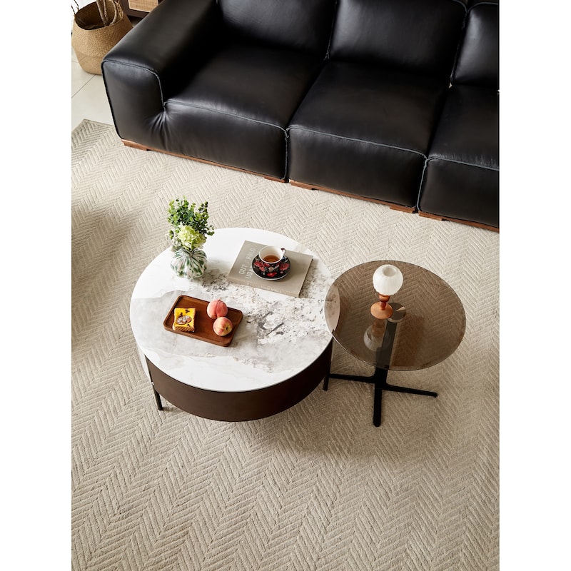 Round & reall Coffee Table with Drawers and metal legs,Table with Golden Legs Circular Center Table with ceramic Pattern Top