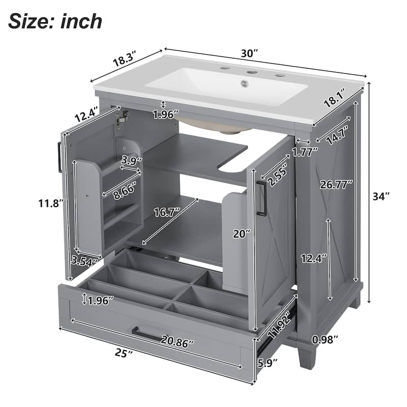 30" Bathroom Vanity with Single Sink - Solid Wood & MDF, 2 Soft-Close Doors, Divided Drawer, Dual Shelves, Compact Storage