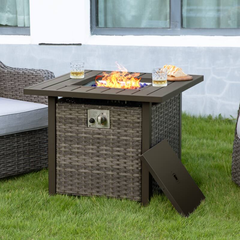 Outdoor 30’’ Square Rattan Fire Pit Table with Metal Lid, Brown