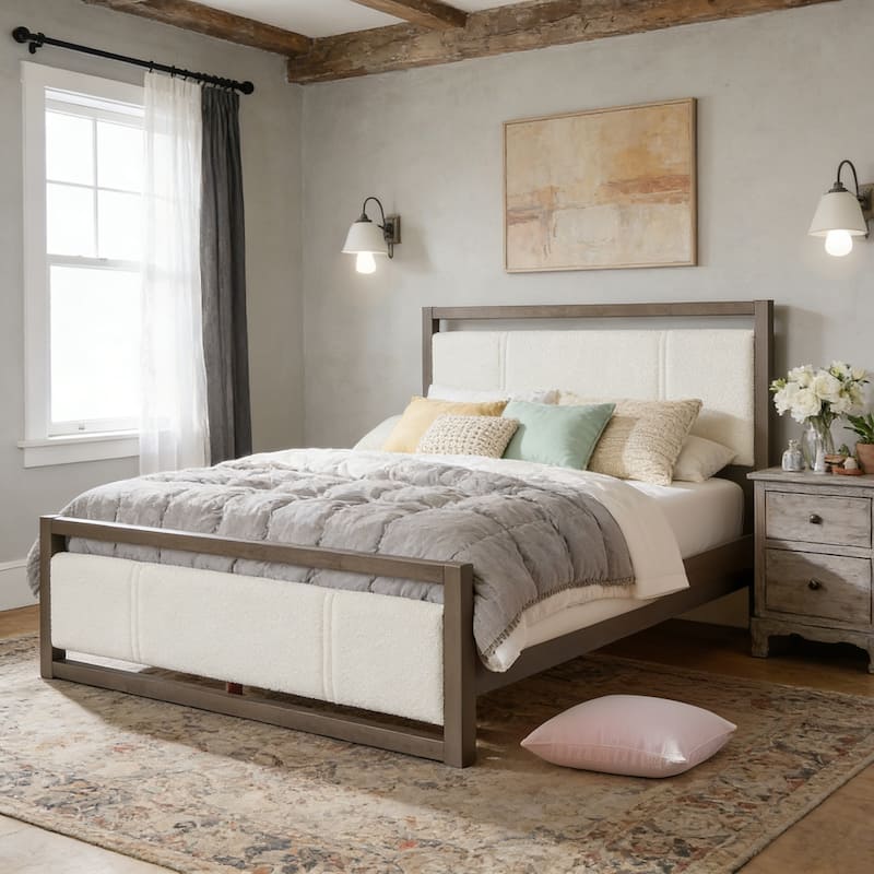 Christopher Knight Home - Wooden Frame Platform Bed with Ivory Boucle Fabric Headboard - King