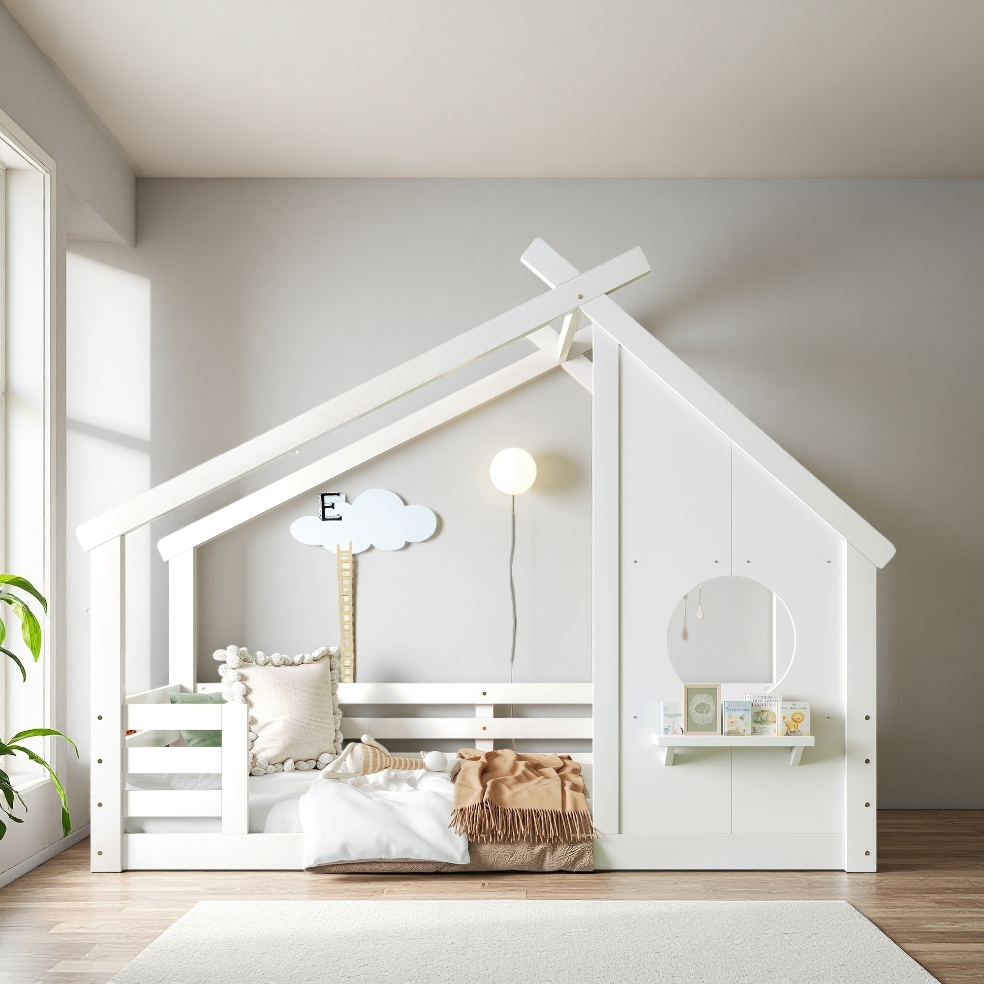 Solid Wood House Floor Platform Bed with Window, Small Shelf, and Roof