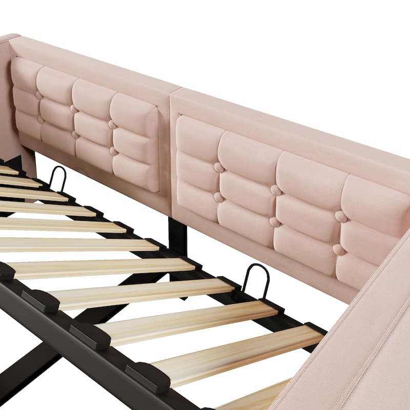 Velvet Tufted Upholstered Daybed Hydraulic Storage Twin Bed Frame with USB & Type-C Charging, Side Pockets and Wooden Slats