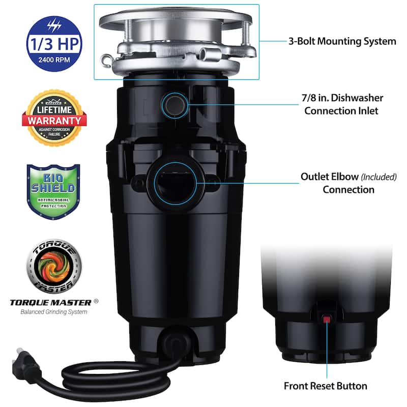 Waste Maid 1/3 HP Garbage Disposal, Continuous Feed, Anti-Jam - 1/3 hp