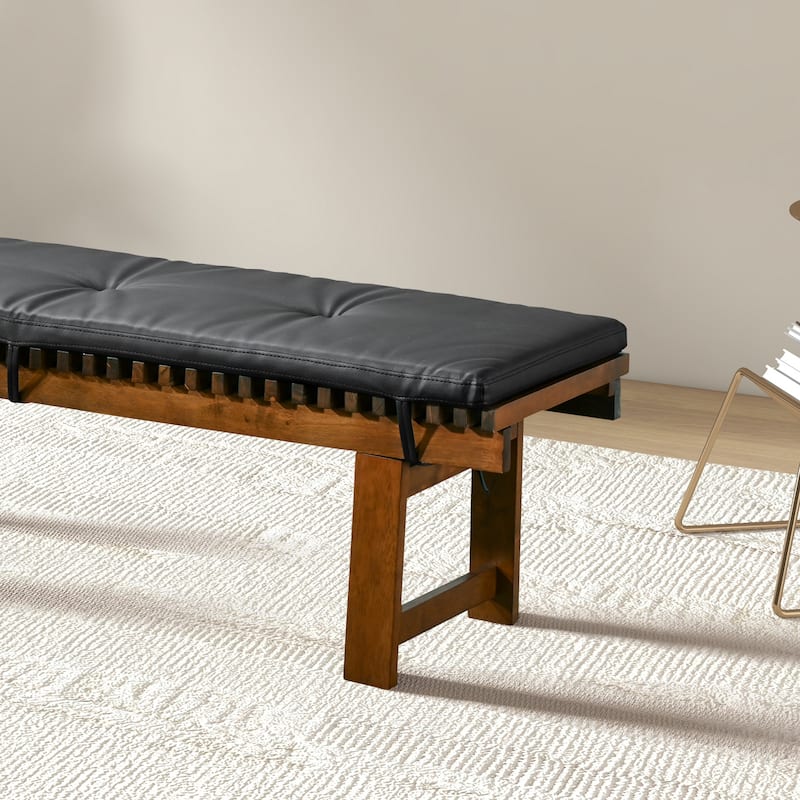 RetroLux 59" Wide Wood Vegan Leather Upholstered Dining Bench