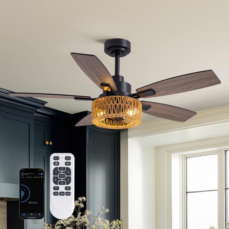 46 Inch Boho Black Rattan Ceiling Fans with Lights and Remote Control, Farmhouse Caged Rattan Ceiling Fan for Dining Room