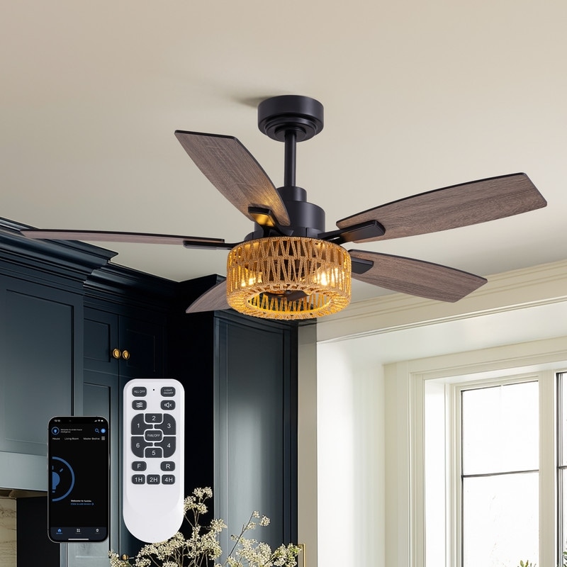 46 Inch Boho Black Rattan Ceiling Fans with Lights and Remote Control, Farmhouse Caged Rattan Ceiling Fan for Dining Room