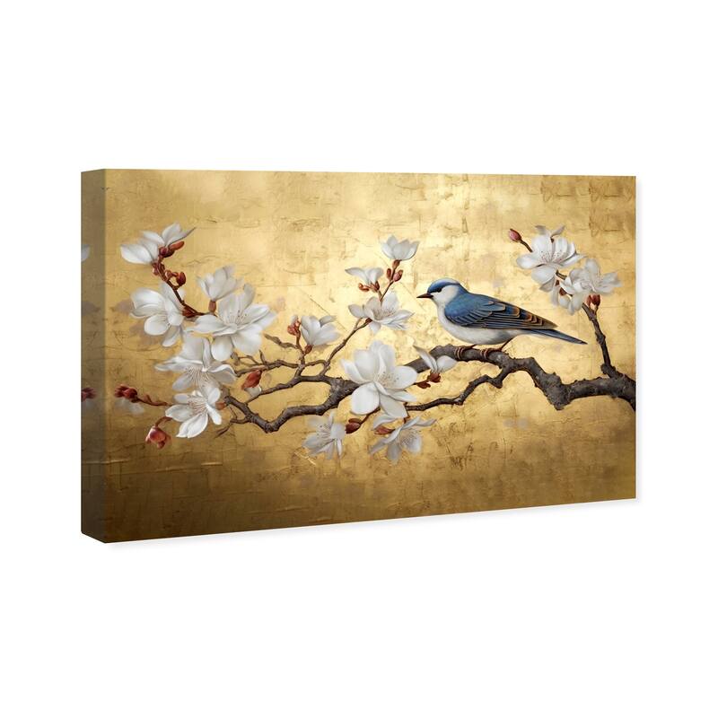Wynwood Studio Canvas Floral and Botanical Branch Blossom with Bird Gold and Metallic Gold Glam Wall Art Canvas Print