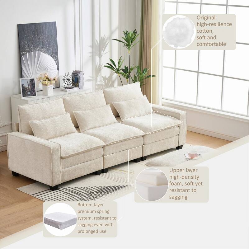 Cloud Chenille L-shaped Sectional Sofa, Deep Seat Couch with Thick Cushions, Movable Ottoman and Waist Pillows for Living Room