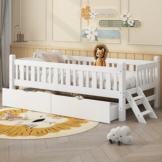 Wood Twin Size Platform Bed with Guardrail, Storage Drawers, and Ladder by Harper & Bright Designs