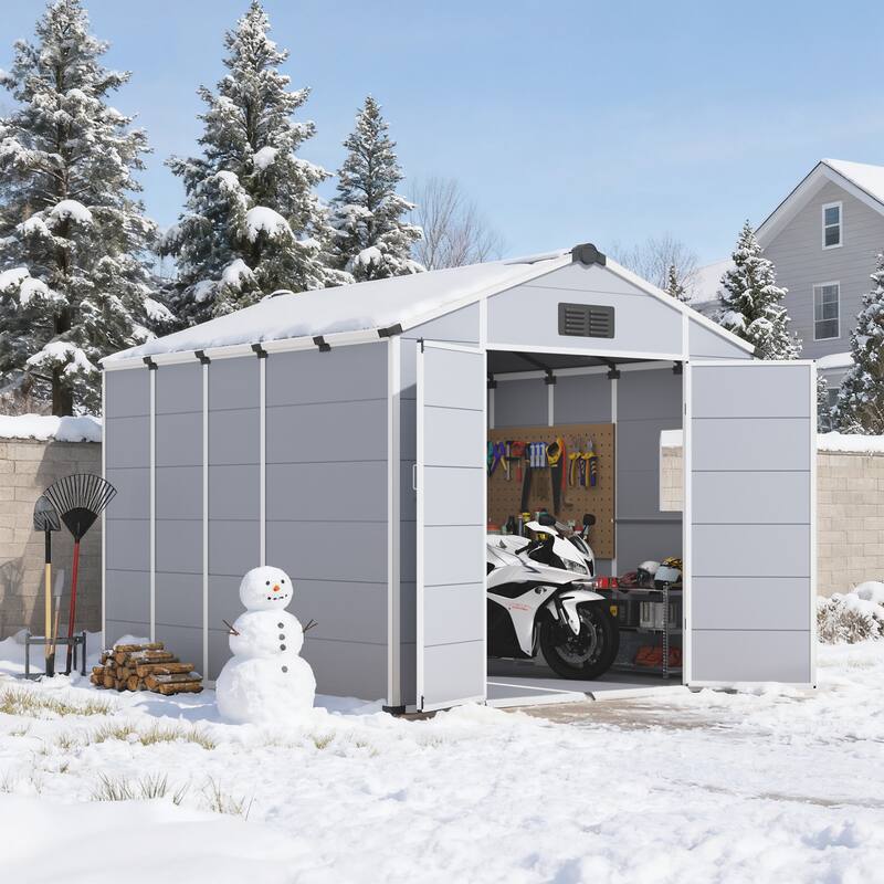 EROMMY Outdoor Storage Shed with Built-In Floor, Lockable Double Doors & Sloped Roof, Gray/Black - 8' x 10' - Grey