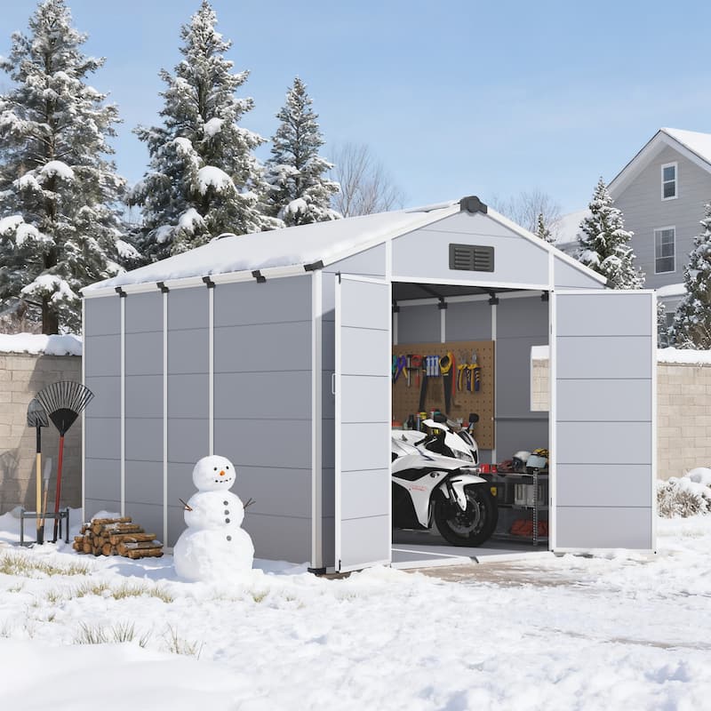 Erommy Outdoor Storage Shed with Built-In Floor, Lockable Double Doors & Sloped Roof
