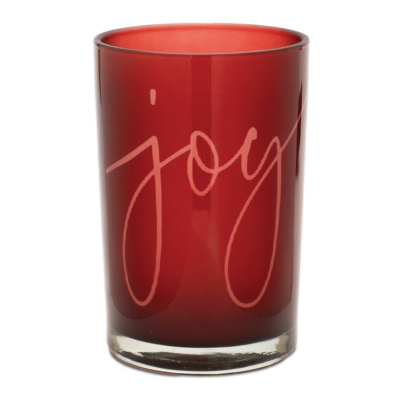 Red Glass Painted Candle Holders Set of 2 with Joy Message for Pillar and Votive Use - 4.5” x 4.5” x 7” (L x W x H)