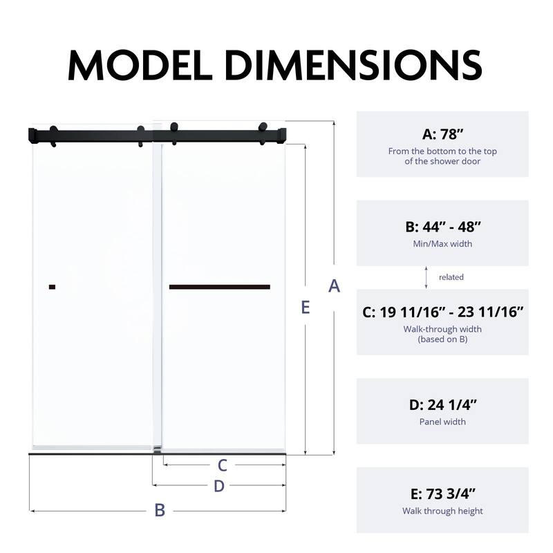 Glassic 44" - 48" W X 78" H Soft Closing Frameless Double Sliding Shower Doors with 3/8" Clear Tempered Glass