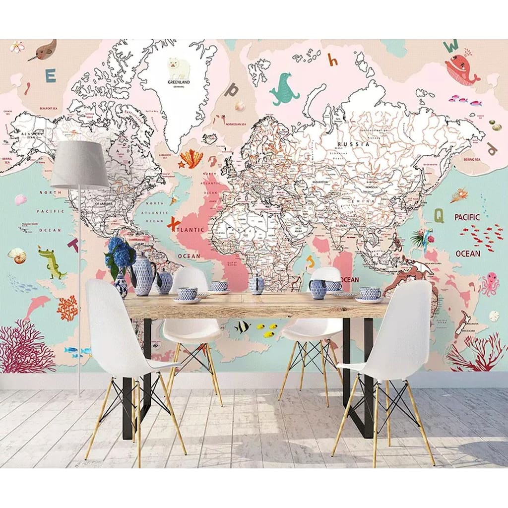 GK Wall Design Pink Political Kids Map Cartoon Animals Wallpaper