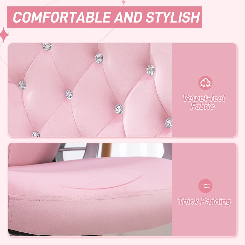 Velvet Tufted Adjustable Height Swivel Office Chair with Crystal Buttons and Tilt Function - 24" W x 24" D x 41" -45" H