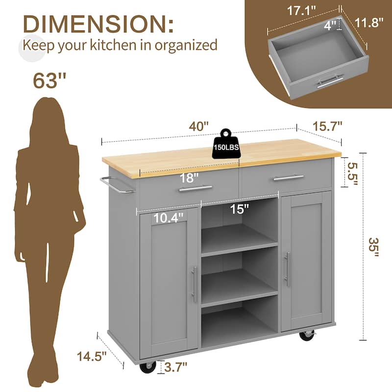 Rolling Kitchen Island with Storage Cabinet & Drawers - Rubber Wood Top for Dining & Kitchen Storage