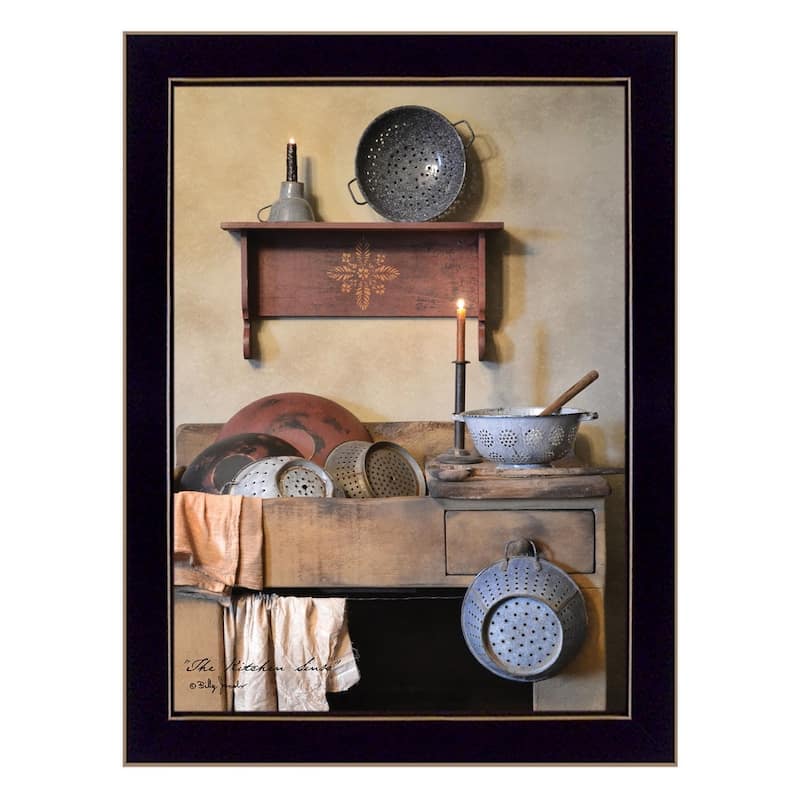 TrendyDecor4U Farmhouse "The Kitchen Sink" Framed Print Wall Art by Billy Jacobs - Brown, Oranges, Tans - 18 x 14 - Black
