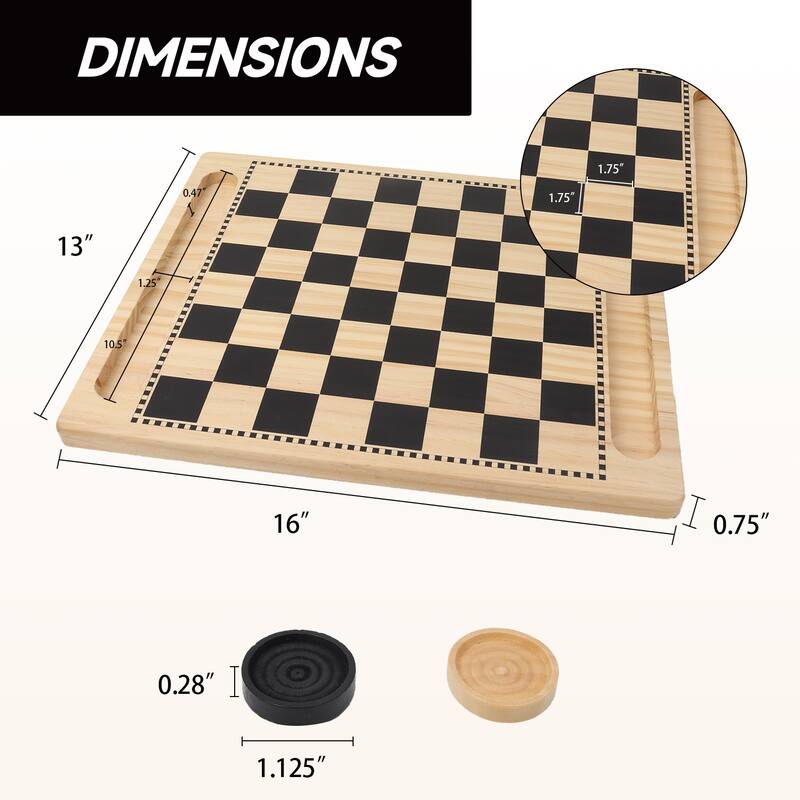 GSE™ 2-in-1 Natural Wood Reversible Checkers & Tic-Tac-Toe Board Game Combo Set with Game Pieces