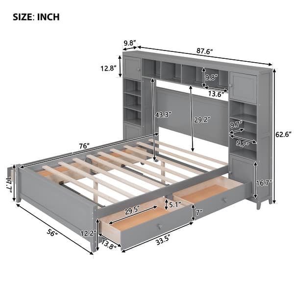 dimension image slide 0 of 3, Full Size Platform Bed Storage Bed With All-in-One Cabinet, Shelves and Pull-out Drawers, Wooden Bookcase Bed for All Ages