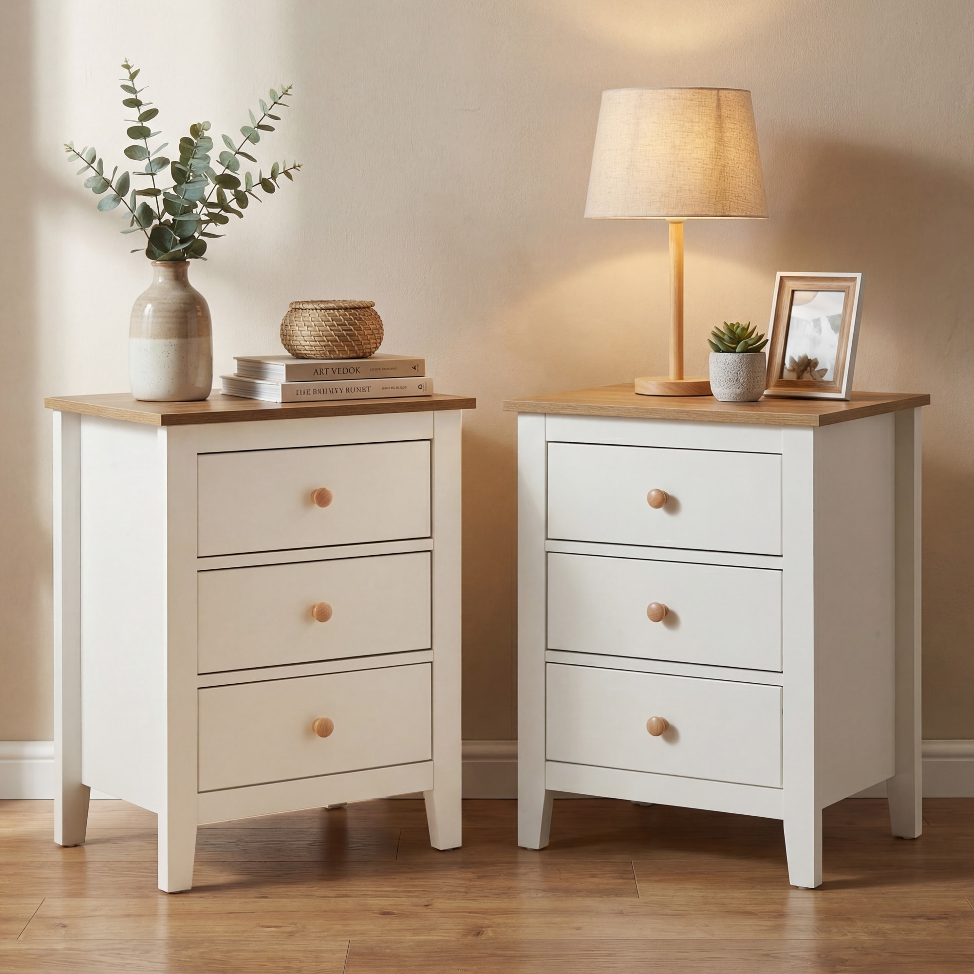 3-Drawer Nightstand Set of 2 – Bedside Tables with Solid Wood Knobs, P2 Grade, Anti-Tip