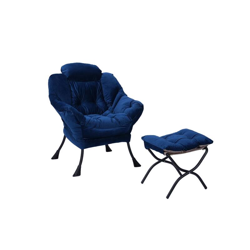 Modern Cotton Fabric Accent Lazy Chair with Armrests and a Side Pocket: with Ottoman, with Footrest.