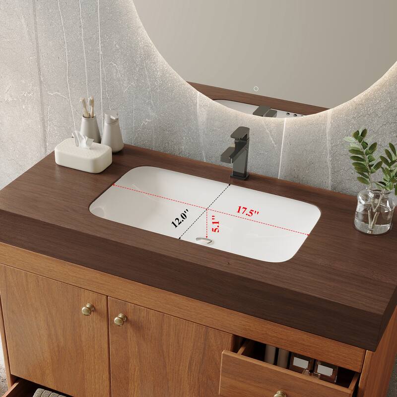 36" Freestanding Bathroom Vanity with Faux Marble Top, Ceramic Sink, 5 Drawers & Stainless Steel Legs