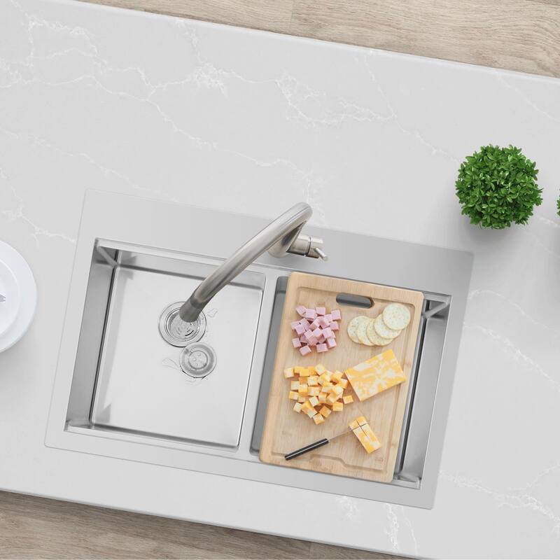 AZUNI 31.25 inch Top Mount Double Bowl Stainless Steel Ledge Workstation Kitchen Sink Handmade - 31.25" x 20.2" x 9"