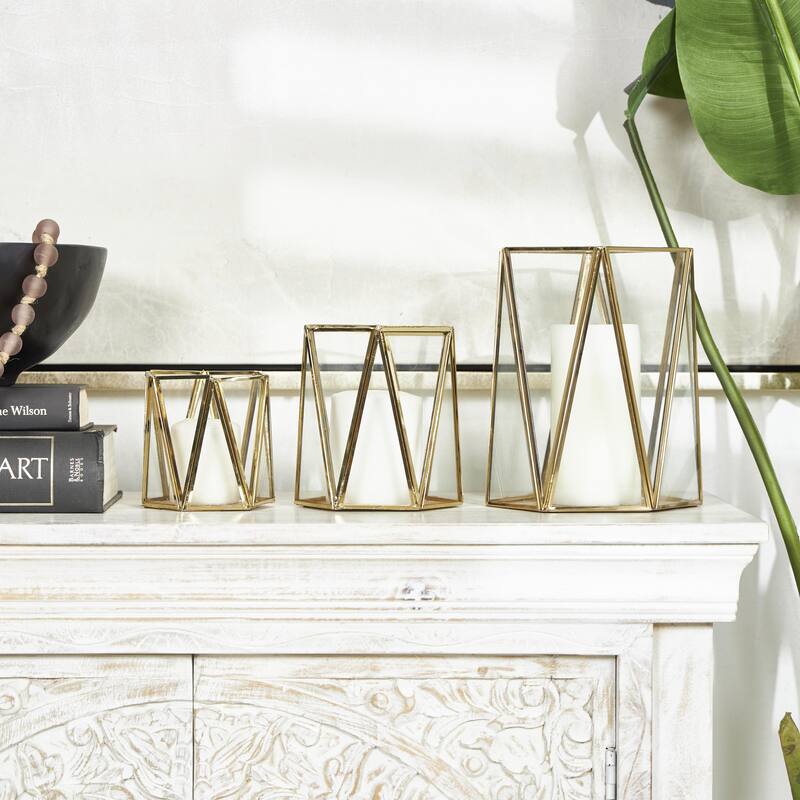 Metal Geometric Triangle Patterned Hexagon Indoor Outdoor Candle Lantern - Set of 3 Gold - CosmoLiving by Cosmopolitan