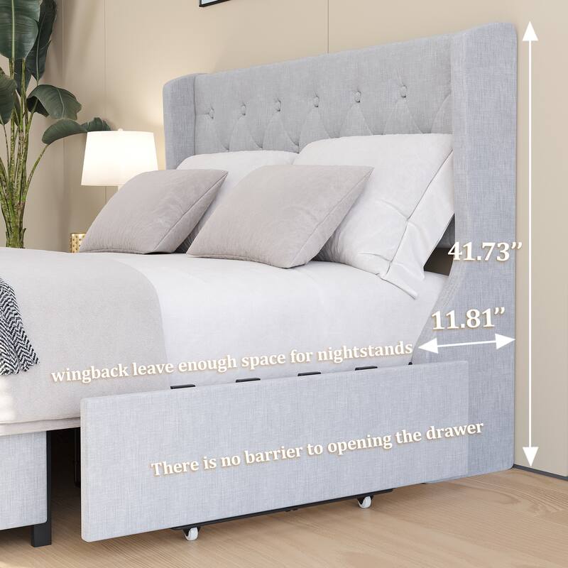 Full/Queen Size Platform Bed with 4 Drawers and Wingback Headboard