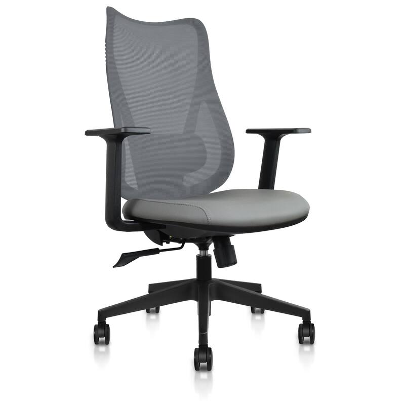 Ergonomic Office Desk Chair | High Back Mesh with Upholstered PU Leather Cushion Seat | Reclining Tilt Adjustable Lumbar Support - Gray