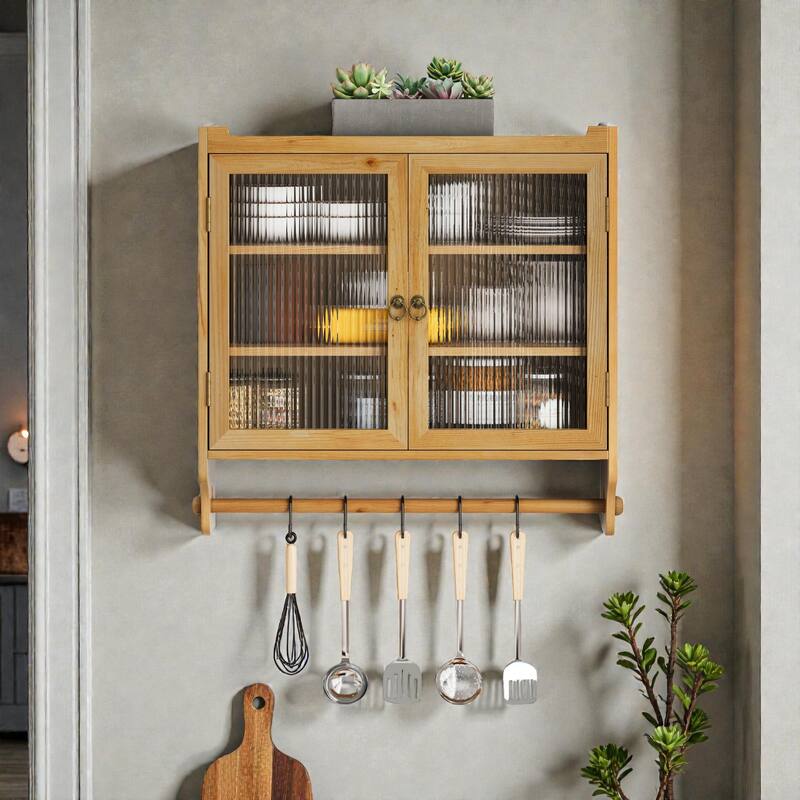 24.8" Vintage Wall Cabinet with Glass Double Doors, 3-Tier Storage and Towel Rack, Solid Wood Bathroom Kitchen Cabinet