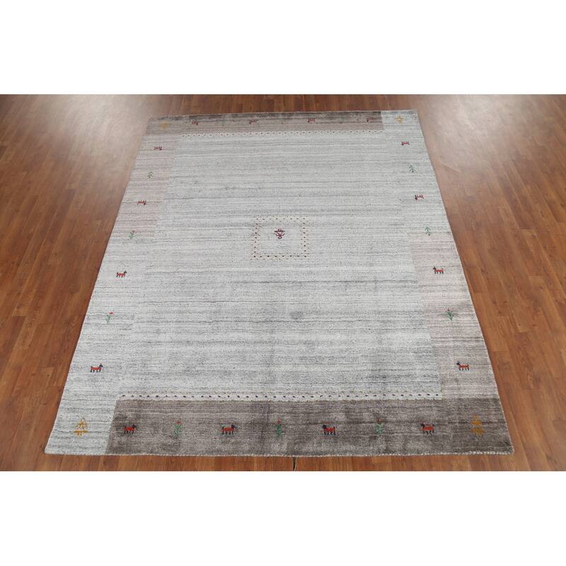 Tribal Striped Gabbeh Indian Area Rug Handmade Grey Wool Carpet - 6'9"x 8'3"