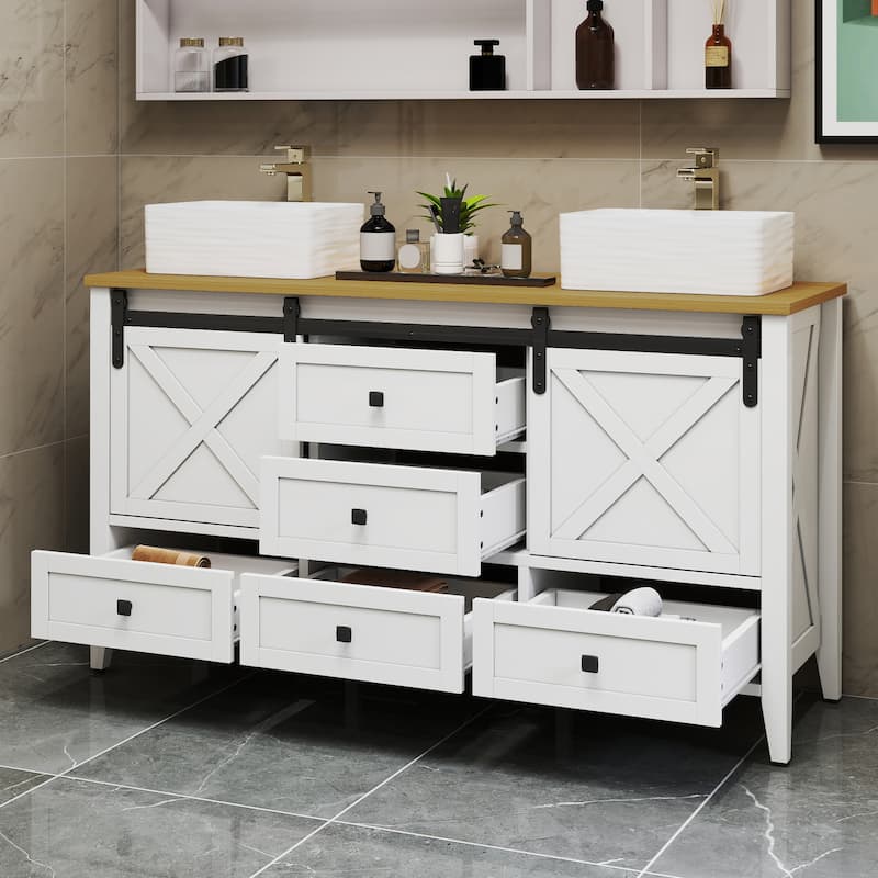 Moasis 60" Farmhouse Double Sink Bathroom Vanity Cabinet with Ceramic Sink Basin and Sliding-Door Cabinet & 5 Drawers