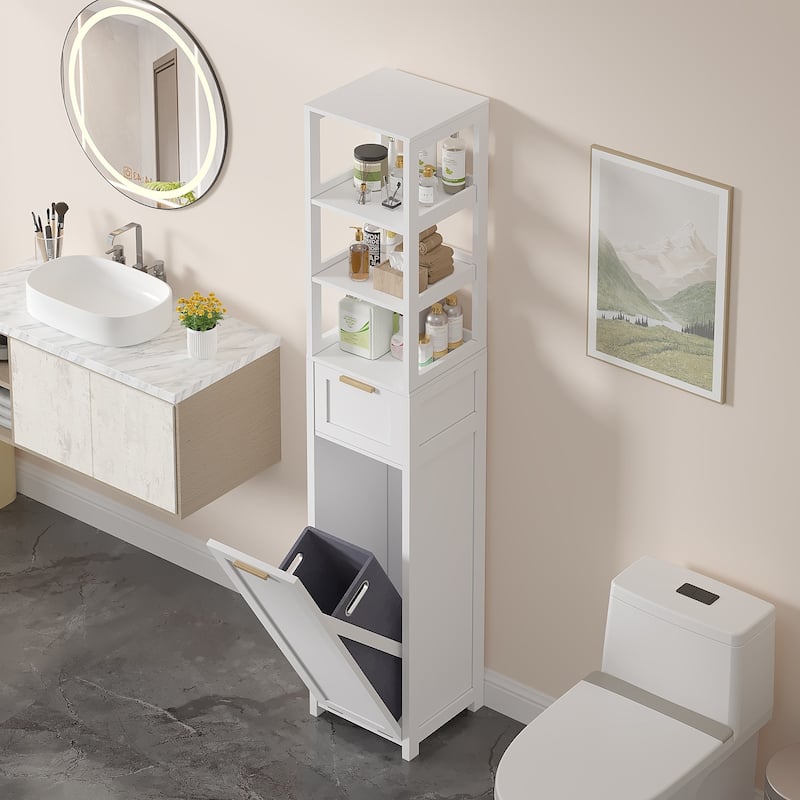 VECELO Tilt Out Laundry Hamper Cabinet with Laundry Baskets Hamper,Bathroom Storage Cabinet Laundry Cabinet with Drawer