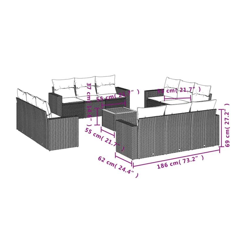 vidaXL 13 Piece Patio Sofa Set with Cushions Black Poly Rattan - 21.7 x 24.4 x 27.2