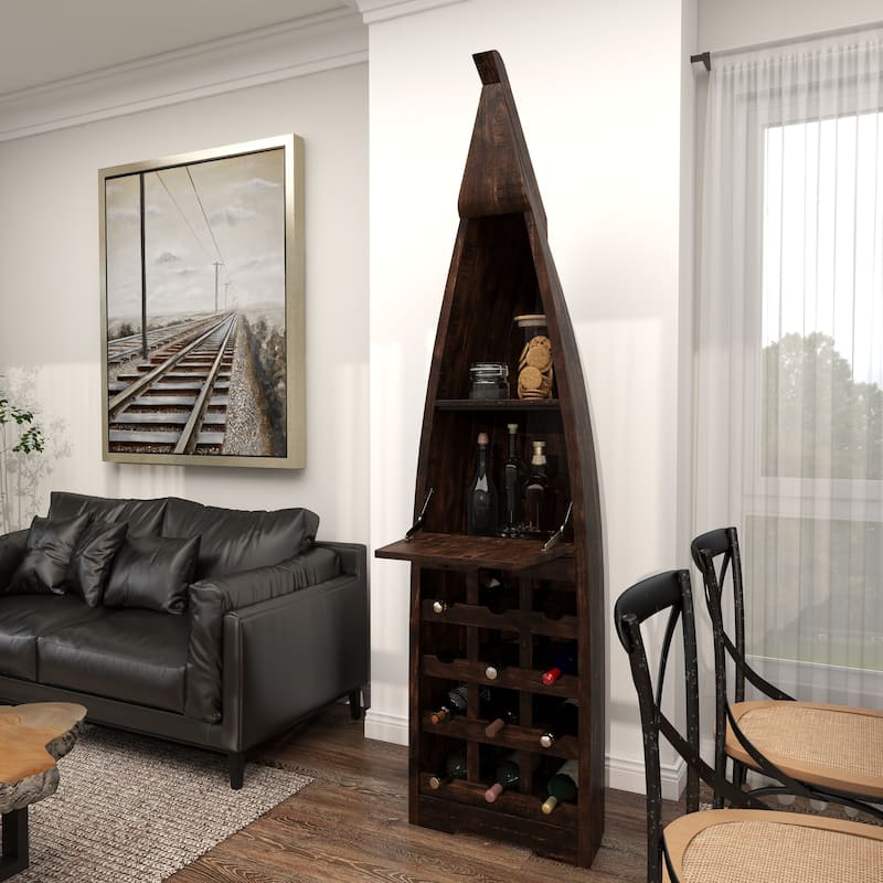 Brown Wood 12 Bottle and 2 Shelf Boat Standing Wine Rack with Foldable Tray