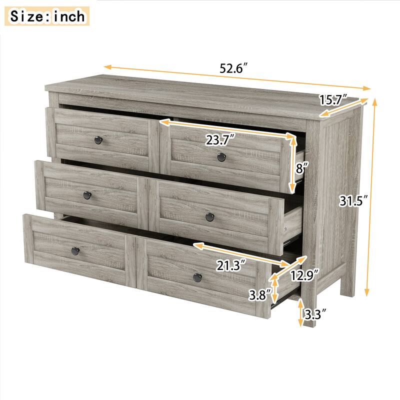 Farmhouse Wooden Dresser with 6 Drawers, Chest of Drawers Storage Organizer for Bedroom Living Room