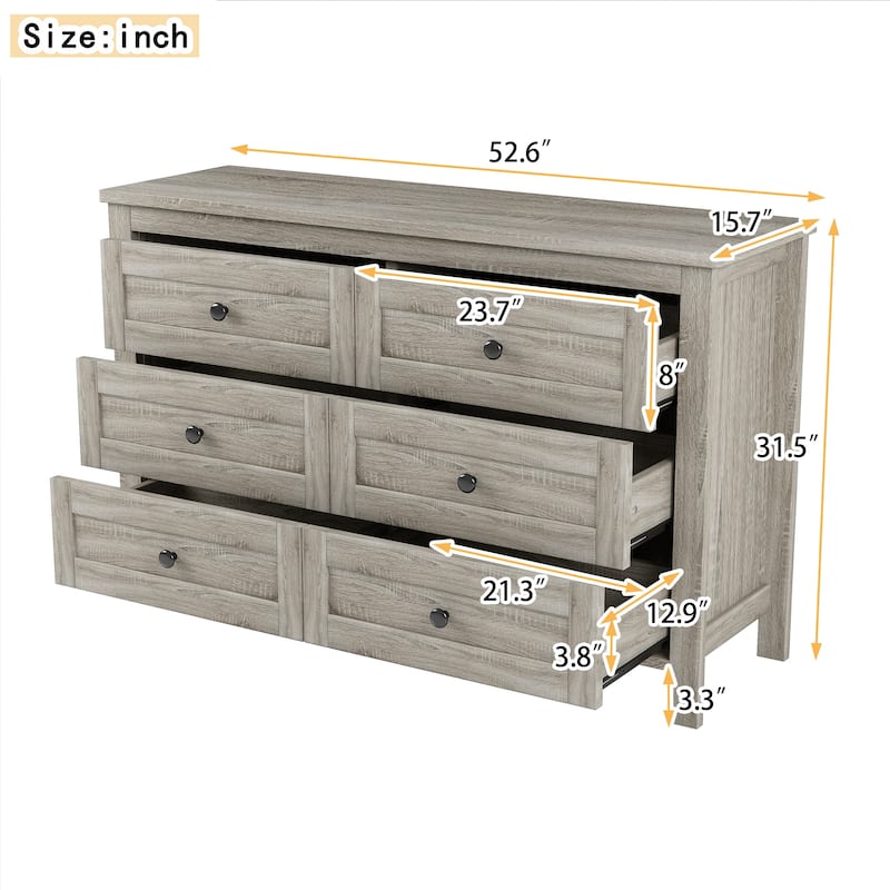 Retro Farmhouse Style Wooden Dresser with 6 Drawer, Storage Cabinet for Bedroom