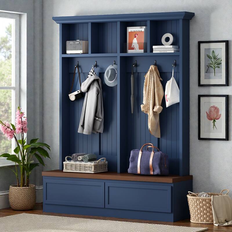 Farmhouse Entryway Hall Tree with Wood Bench, 2 Drawers, 6 Hooks and Open Shelves, Mudroom Organizer
