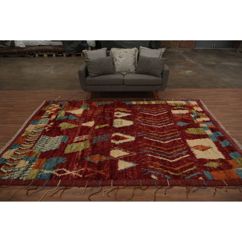 Hand Knotted Oriental 100% Wool Carpet Modern Tribal Red Moroccan Area Rug - 9' 8'' X 7' 1''